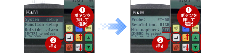 1「▲▼」キーで【System setup】を選択し、2「Enter」キーで確定する。 1「▲▼」キーで【Min capture】を選択し、2「Enter」キーでOFFにする。